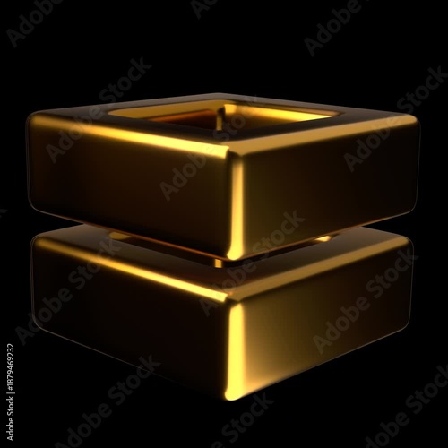 Luxurious Golden 3D Abstract Object Featuring Two Stacked Square Frames with Rounded Edges on a Sleek Black Background