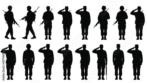 Silhouette graphic of armed forces soldiers saluting and standing at attention representing respect duty and sacrifice in military service against a clean white background