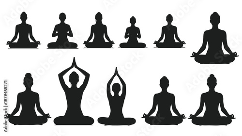 Meditating silhouettes in lotus position yoga poses for wellness mindfulness and relaxation in a minimalist black and white graphic illustration for health and lifestyle concepts