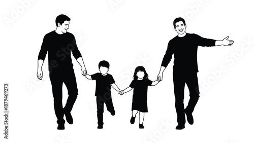Fatherhood illustration two dads holding hands with their children walking together with joy on a bright white background conveying family bonding and the beauty of diverse family