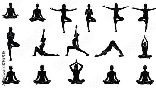 Yoga poses silhouette collection vector illustration diverse asanas including lotus tree warrior downward dog and mountain pose against a clean white background for wellness