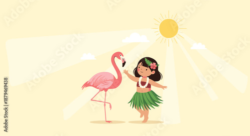 Sweet summer scene of a little hula girl in a grass skirt dancing with a tall pink flamingo under the bright shining sun.