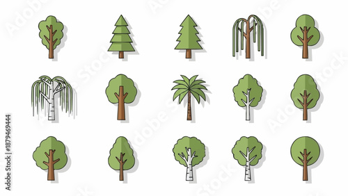 Collection of various stylized trees in a flat design style.