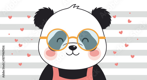 Cute close-up illustration of a happy panda wearing glasses and an apron against a striped background with floating pink hearts.