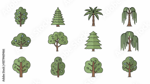 Collection of various stylized trees in flat design style.