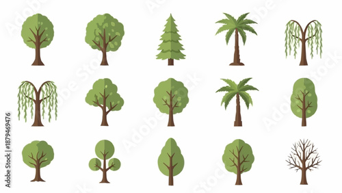 Collection of various stylized trees in different shapes and sizes.