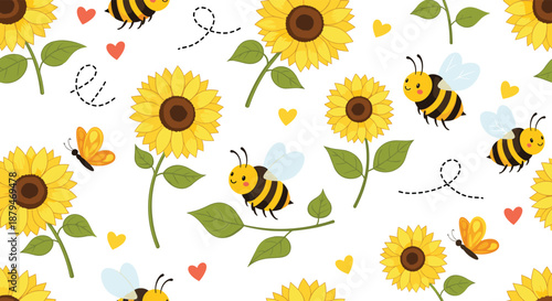Bright and cheerful seamless pattern with cute bees, butterflies, and vibrant yellow sunflowers, perfect for a sunny summer design.
