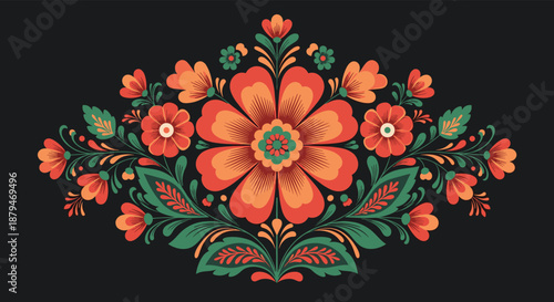 Vibrant and symmetrical folk art floral arrangement with large orange and red flowers and green leaves on a dark background.