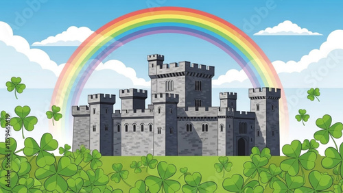 Gray Castle under Colorful Rainbow and Green Clover Field