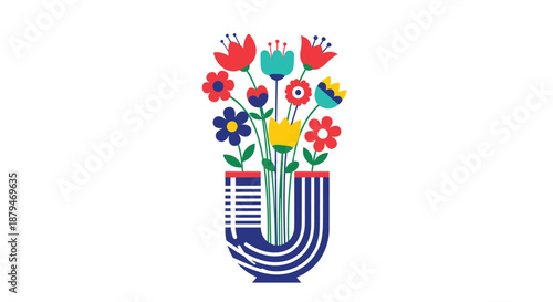 Modern folk art illustration of a vibrant bouquet of colorful flowers in a stylish, striped blue and white vase in the shape of a U.
