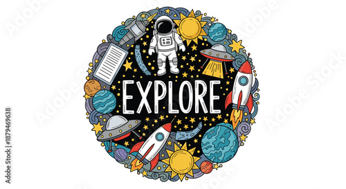 Colorful circular doodle illustration themed around space exploration, featuring an astronaut, rockets, planets, and the word 'Explore'.