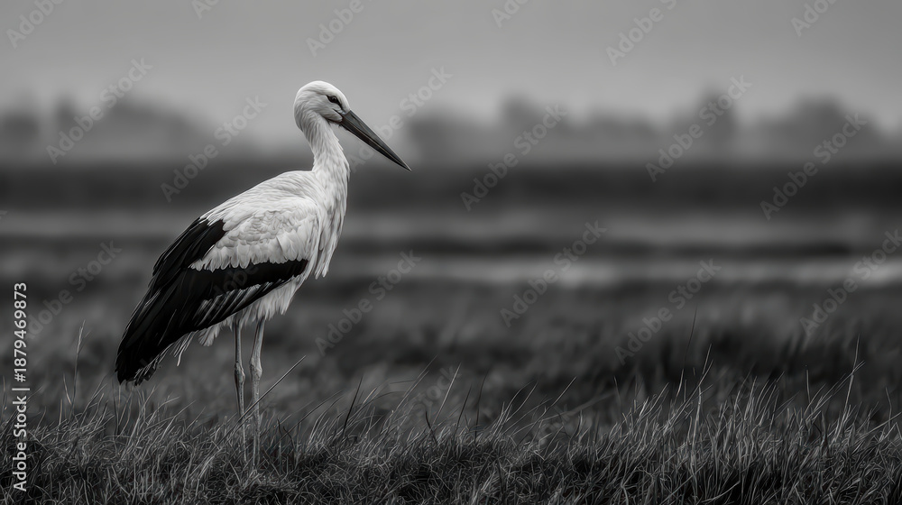 Obraz premium Stork Standing in Tall Grass, Monochrome Portrait