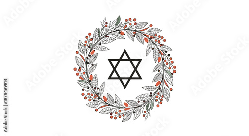 Hand-drawn Star of David symbol beautifully framed by a delicate botanical wreath with leaves and berries on a clean white background.