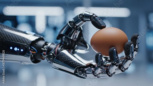 Wallpaper Mural A sleek robotic hand gently cradles a brown egg in a high-tech clinical lab setting in a clean lab!! Torontodigital.ca