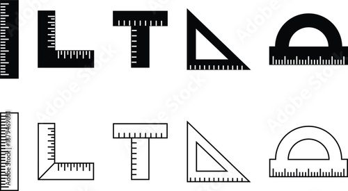 Rulers and protractors line icons on a transparent background for measurement, geometry, and school tool illustrations.