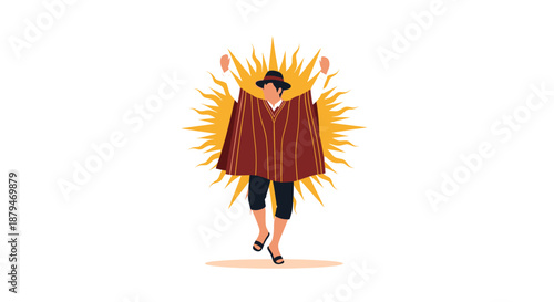 Vector illustration of a person celebrating the Inti Raymi sun festival in Peru, dancing in traditional Andean poncho and hat.