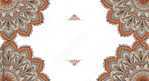 Elegant ornamental background with colorful mandala decorations in the corners and space for text, perfect for invitations or cards.