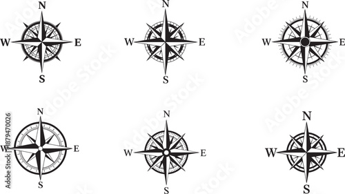 Set of six vintage and modern compass rose designs in black and white