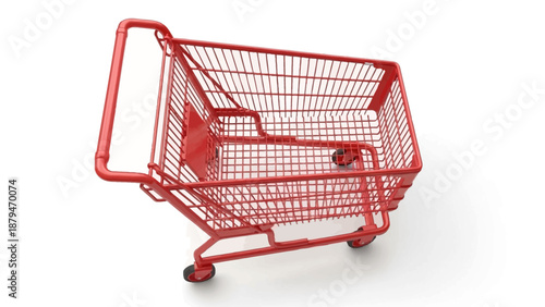 Red supermarket shopping cart. 3d top view vector illustration. Photo realistic empty basket for food products. Customers market trolley mockup. Single object isolated on white. Mall equipment