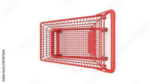 Red supermarket shopping cart. 3d top view vector illustration. Photo realistic empty basket for food products. Customers market trolley mockup. Single object isolated on white. Mall equipment
