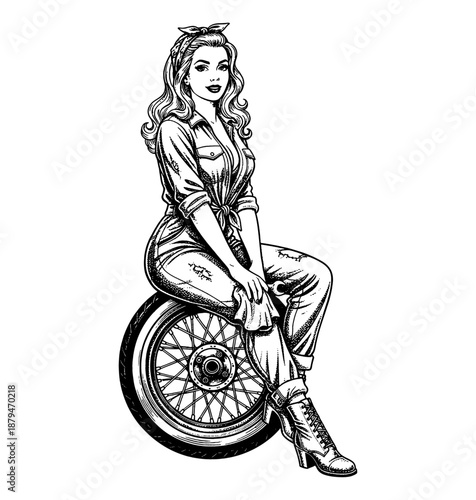 Attractive confident woman sitting playfully on a motorcycle wheel in vintage pinup style