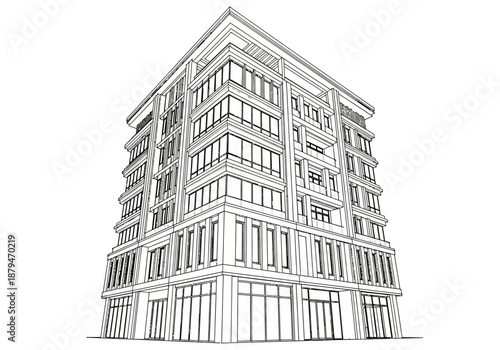 Architectural Sketch of a Modern Multi-Story Building with Large Windows
