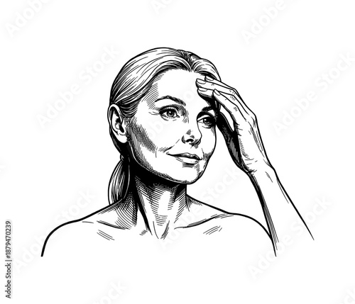 Caucasian woman holding her forehead looking thoughtful or stressed in a detailed line art drawing