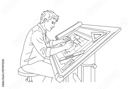 Architect Drawing Blueprint on Drafting Table Illustration