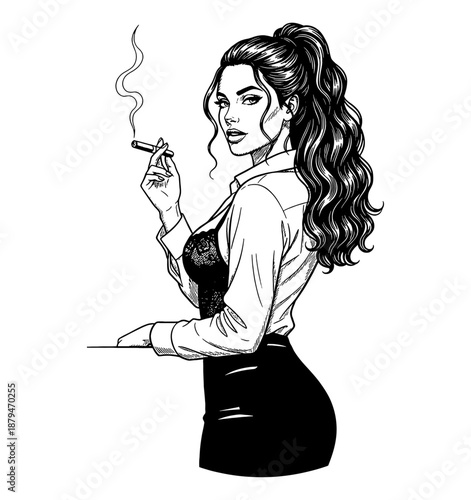 Confident alluring woman with a high ponytail wearing white shirt and black lace bra smoking a cigarette