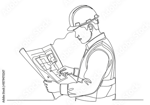 Continuous Line Drawing of Construction Worker Examining Blueprint