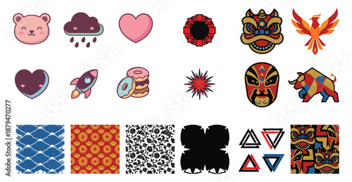 Set of cute cartoon icons and Asian inspired illustrations including hearts, animals, masks, phoenix, patterns and decorative symbols in colorful vector design
