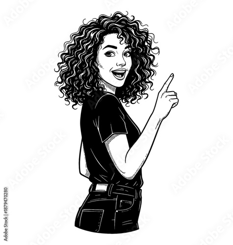 Happy Curly Haired Woman Smiling and Pointing Upwards with an Open Mouth in Black and White Illustration
