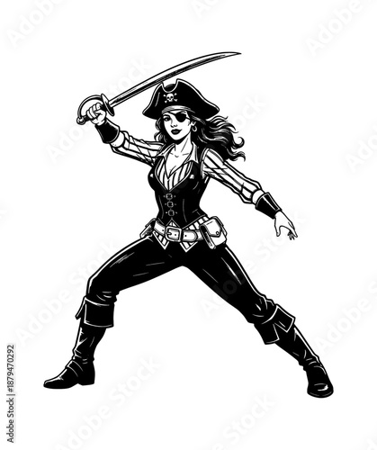 Confident Female Pirate with Eye Patch and Hat Brandishing a Sword in a Dynamic Action Stance