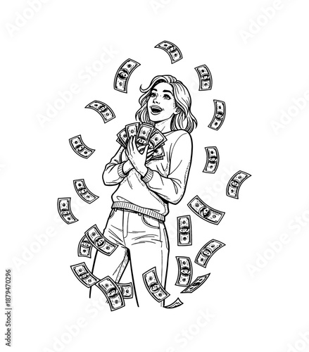 Happy Caucasian woman enjoying money falling all around her holding bank notes with an open mouth expression