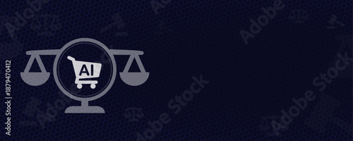 Artificial Intelligence Law AI Technology Regulation and Digital Ethics Concept Background with Shopping Cart Icon Scales of Justice Vektor Copy Space Future Tech Governance Design