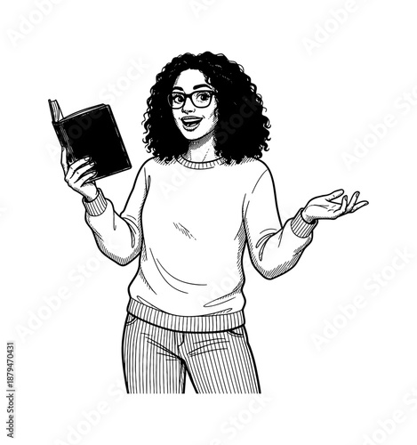 Smiling Black woman in glasses holding a book gesturing happily showing surprise and engagement