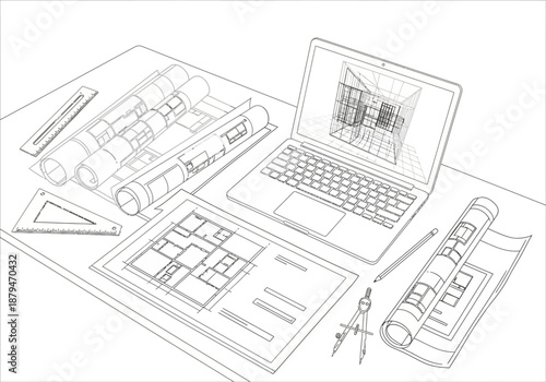 Architectural Design Workspace with Blueprints and Laptop Displaying 3D Model