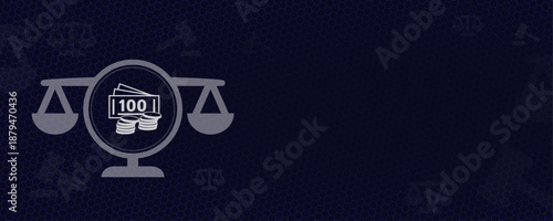 Financial Law Banking Justice and Monetary Regulation Concept Background with Money Banknotes Coins and Scales of Justice Vektor Copy Space Economy and Tax Law Compliance Background