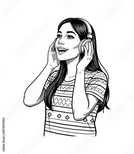 Happy young woman listening to music on headphones singing with joyful expression wearing a striped shirt