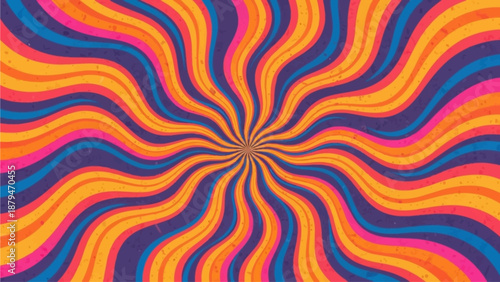 Swirl sunburst abstract background. Groovy retro poster design. Psychedelic radial burst with grunge texture