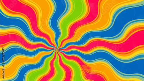 Swirl sunburst abstract background. Groovy retro poster design. Psychedelic radial burst with grunge texture