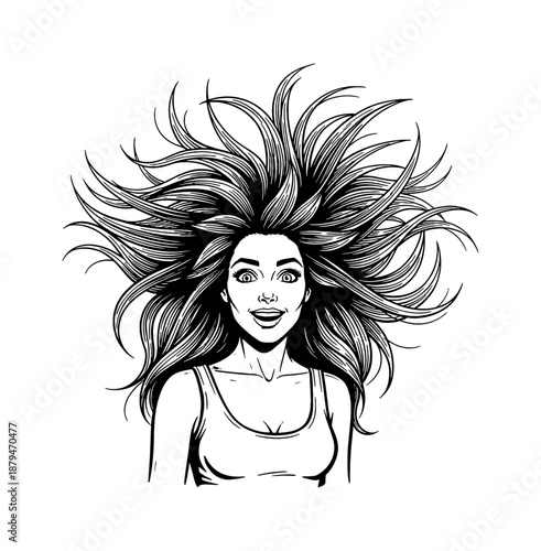 Shocked Woman with Wild Hair and Wide Eyed Expression in Black and White Line Art Illustration