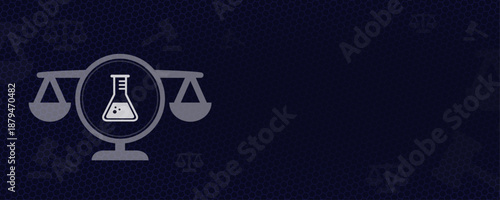 Chemical Law Science Research and Laboratory Safety Regulation Concept Background with Research Flask Icon Scales of Justice Vektor Copy Space Forensic and Pharmaceutical Law Design