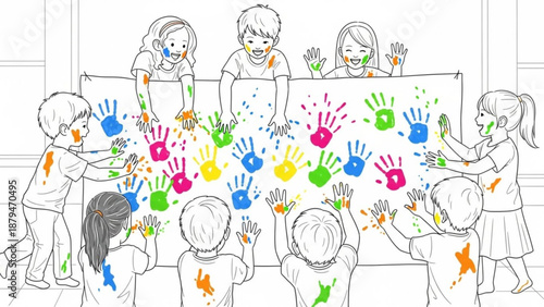 Children Painting Colorful Handprints on Large Paper in Classroom