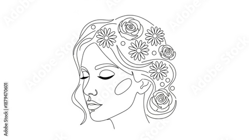 Woman Face with Flowers in Hair Isolated on White Background