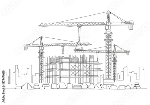 Construction Site Outline with Cranes and Building Framework