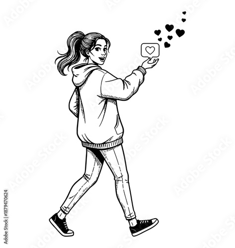 Young Caucasian woman walking happily holding a social media heart icon with cheerful expression