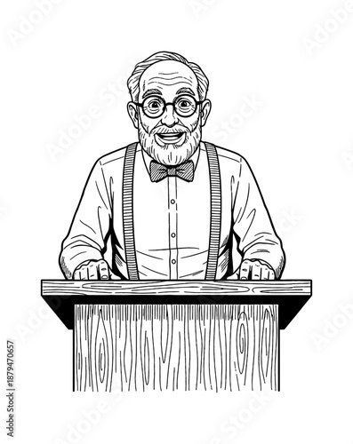 Smiling Caucasian elderly man with beard and glasses presenting at wooden podium with suspenders and bow tie in detailed vintage line art