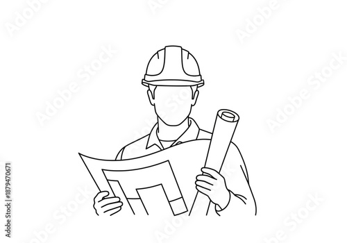 Architect in Hard Hat Examining Blueprint Outline
