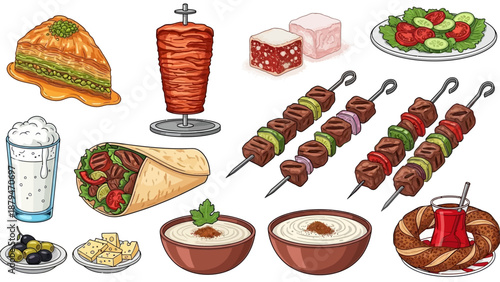 Vector flat, Turkish national food set. Baklava, doner kebab, rahat lukum, shawarma, kebab, ayran, boza, turkish tea, bagel simit and other